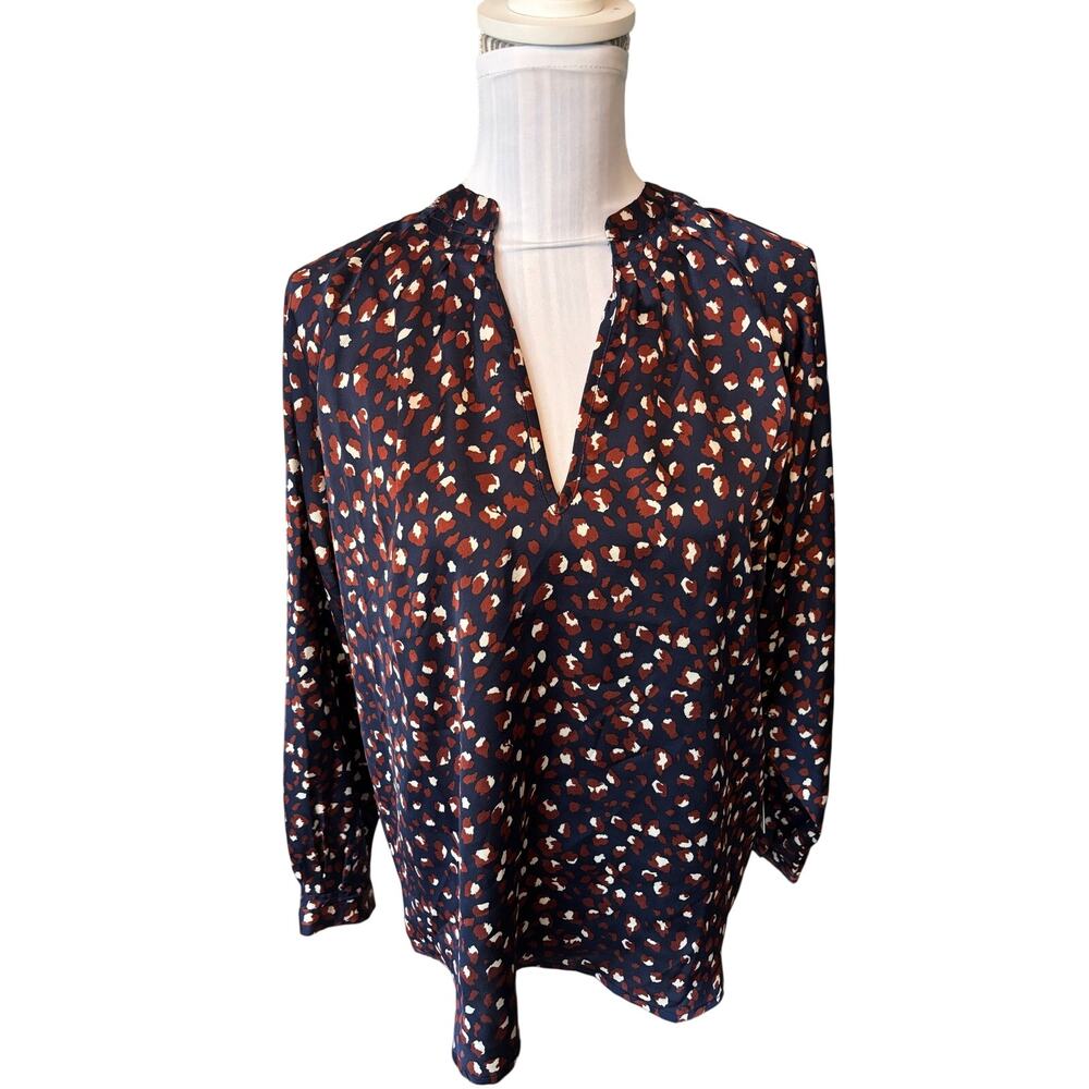 Bishop & Young Navy Blue & Brown Blouse V- Neck Size S NWT